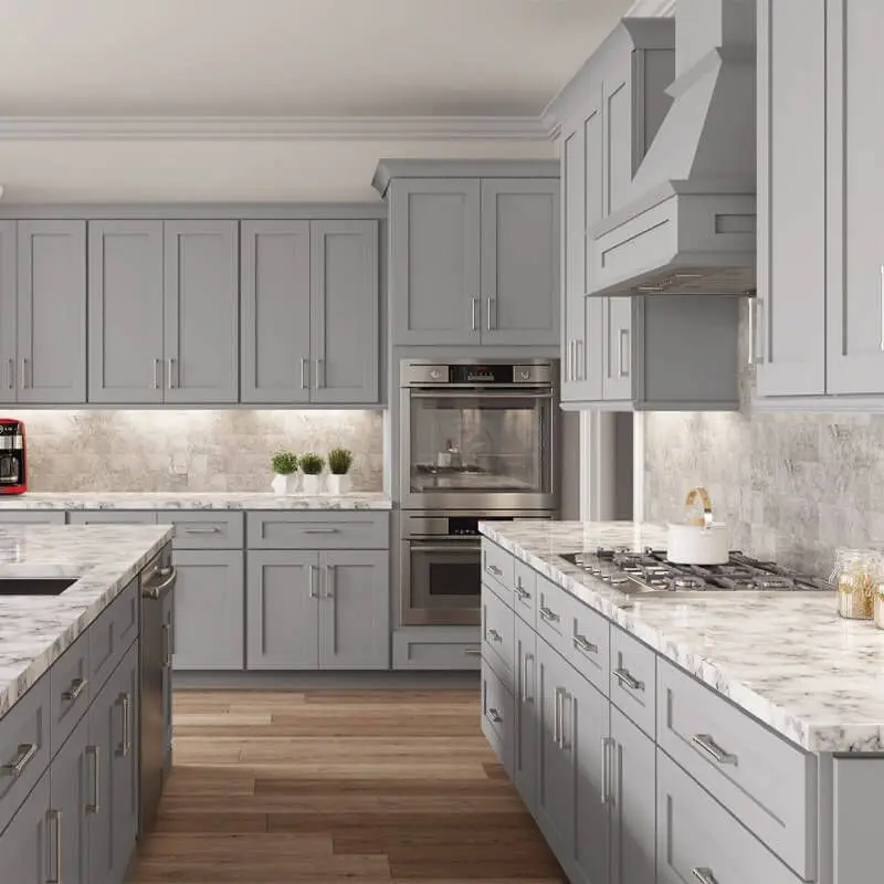 CBMmart Gray Gloss Complete Full Set White Kitchen Cabinets with Glass Door Island Countertop Modern Kitchen Furniture Model Set