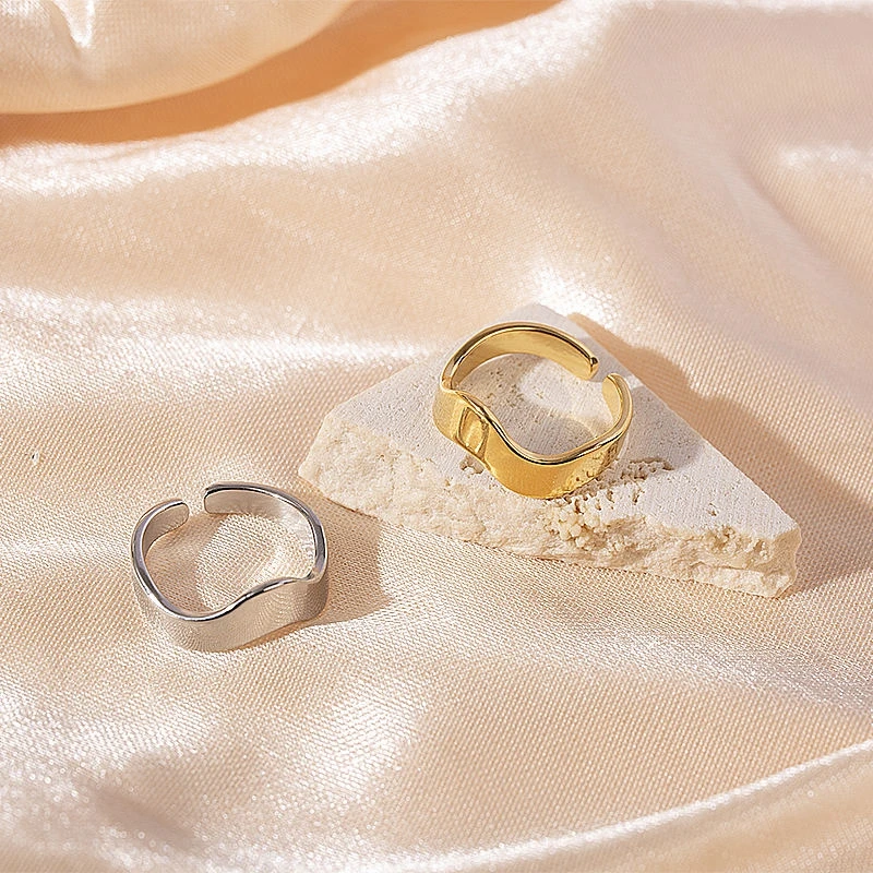 Adjustable wave line shape high polished gold and silver ring 18k gold-plated stainless steel ring