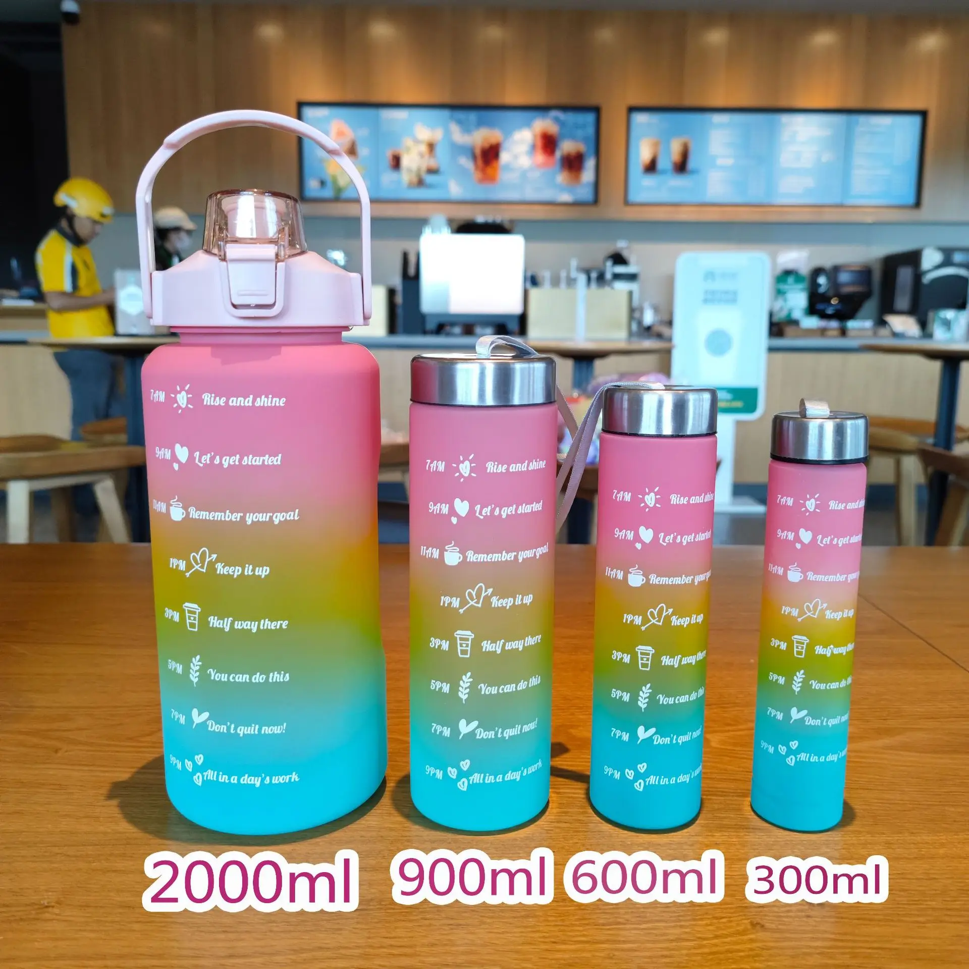4 in 1 Gym Sports Water Bottle 4pcs set Gradient Color bottle Set Portable Fitness Handle Straw Motivational bottle