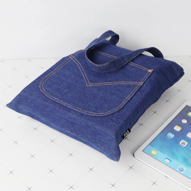 Custom Logo Denim Shoulder Shopping Navy Blue Casual  Jean Tote Bag Denim