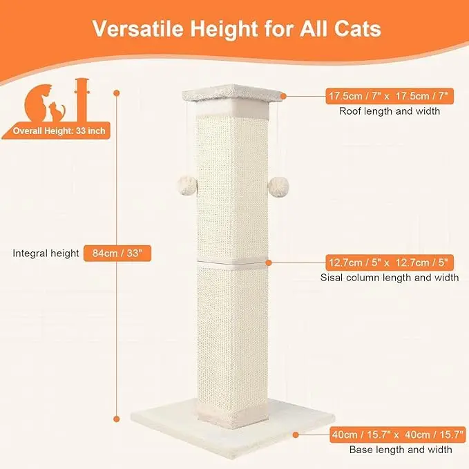 Hot Selling Factory Wholesale 33-inch Cat Scratching Post  Natural Sisal Fibers Sturdy Base, Easy Assembly Durable Design