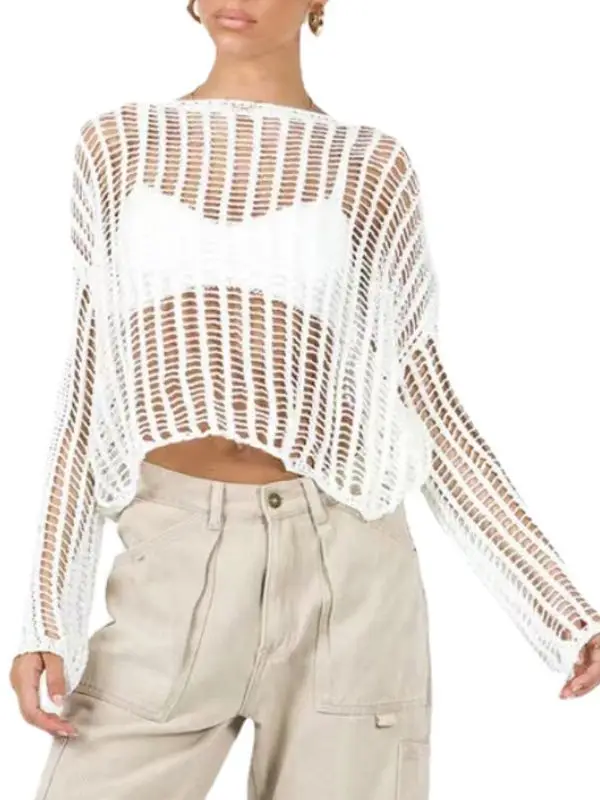 2024 Summer Cross-Border Knitted Sweater Personalized Sunscreen Blouse Solid Pattern Thin Long-Sleeved Top for Parties