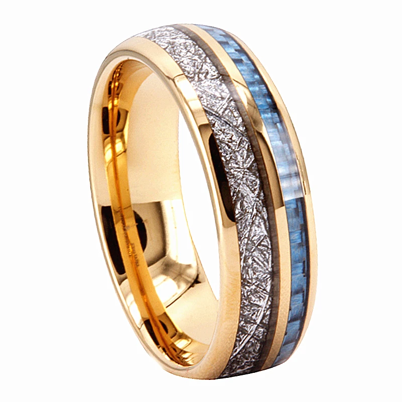 SZ CHENG JEWELERS White Wall Paper Background and Blue Carbon Fiber Inlay Tungsten Ring 18K Gold Plated