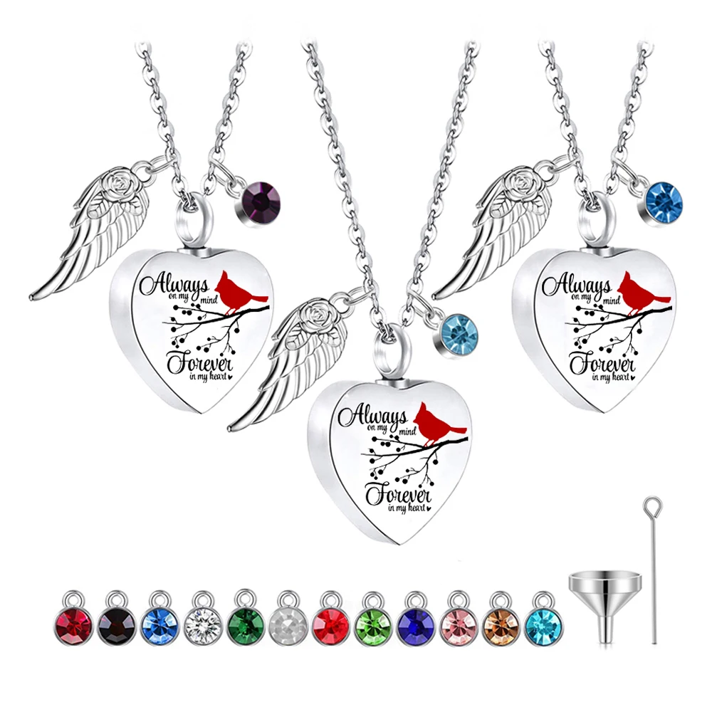 Heart Urn Necklace for Ashes with 12 Birthstones Cremation Jewelry for Ashes -Always on my mind Forever in my heart