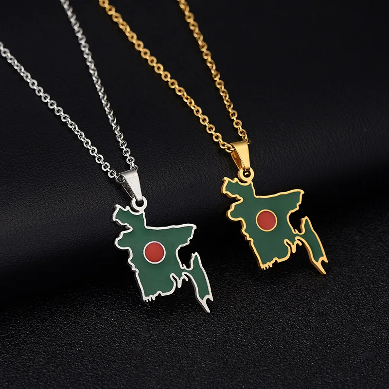 Couple Fashion Vintage Oil Drip Stainless Steel Bangladesh Map Pendant Necklace for Men Women 2024