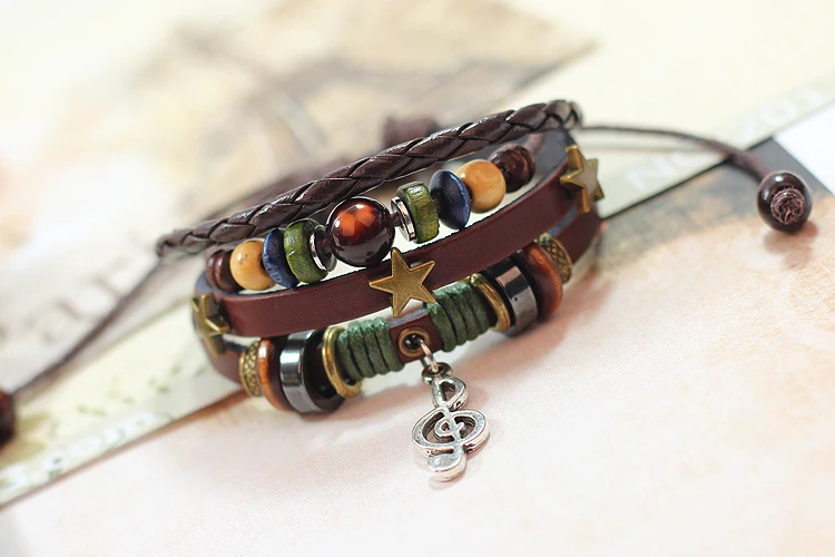 Women men crystal bead wood beads hemp rope braided multilayer metal stars leather bracelet with musical note pendant