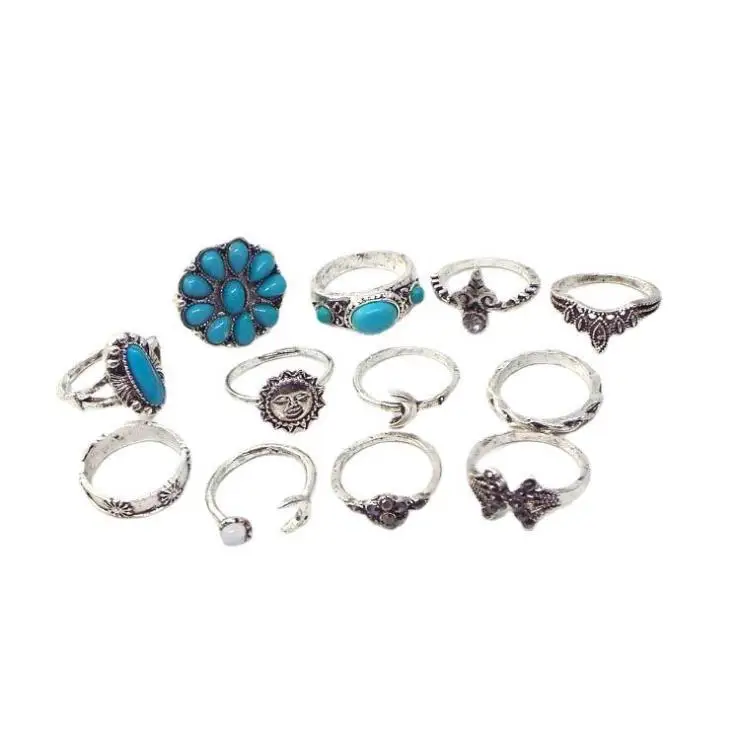 Alloy Retro Carved Turquoise Ring Sun Moon Joint Gem Set Women Fashion Boho