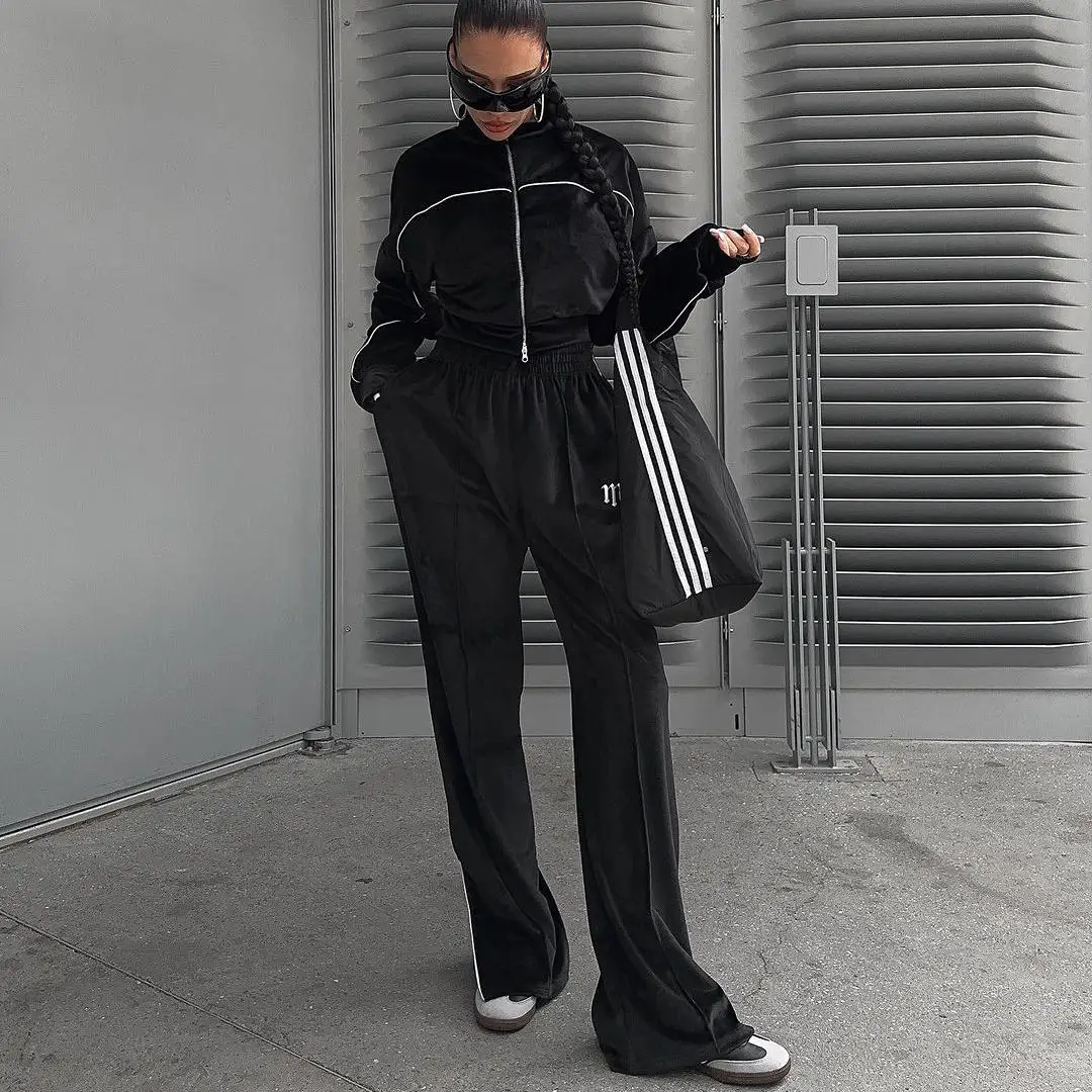 Customize Spring Casual Solid Long Sleeve Split Sweatpants Tracksuit Black Ladies Cropped Top Zipper Hoodie Set Woman Embroidery