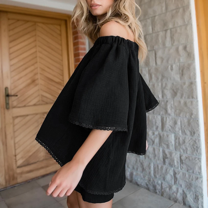 OOTN Slash Neck Loungewear Spring Loose Sleepwear Fashion 2023 Pajama  White Black Flare Sleeve Cotton Pajamas For Women Sets