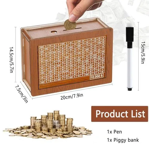 Piggy Bank for Kids Wooden Money Box Gift Coin Bank with Countdown and Money Target Wooden Money Saving Box Cash Vault for Kids