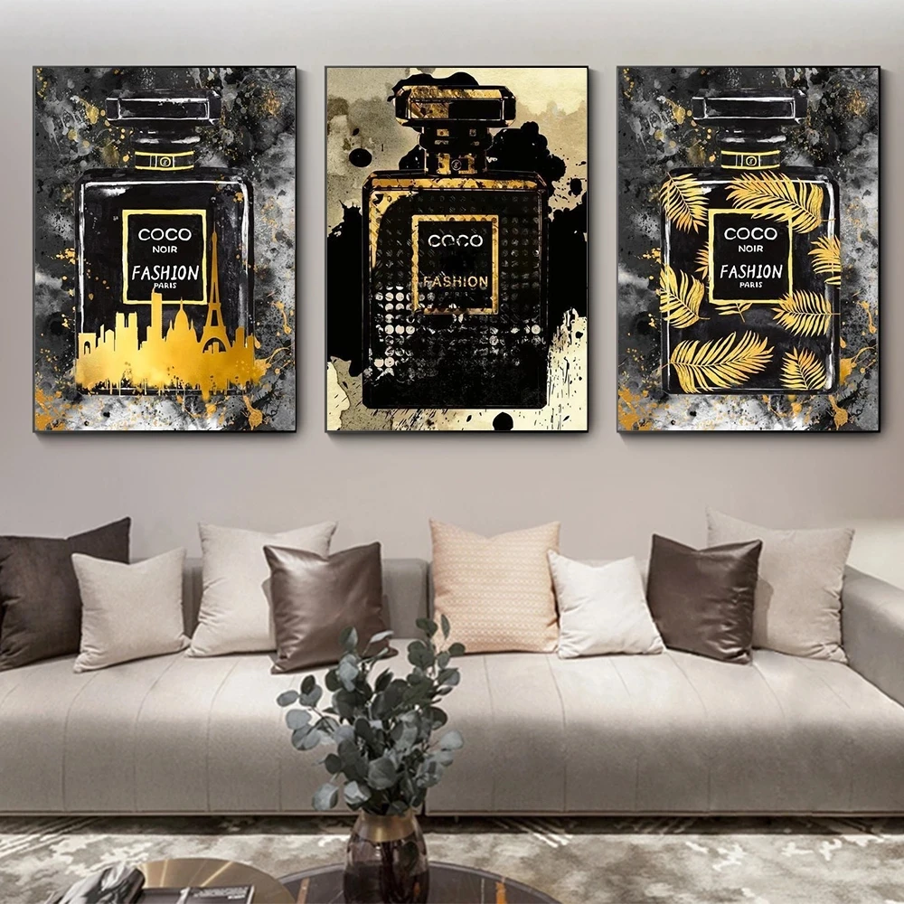 Canvas Painting of Black with Gold Paris Perfume Bottle Abstract Poster Bedroom Decoration Paintings Marble Art
