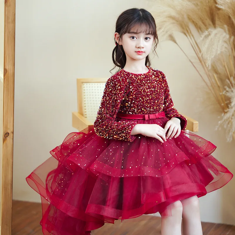 Girls Dress 2022 Winter Christmas Long Sleeve Sequins Trailing Dress Girls Princess Mesh Party Dress