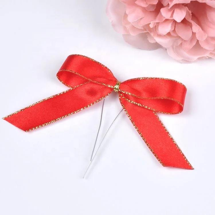 wholesale custom gift bow ribbon red gold edge satin bow with wire twist