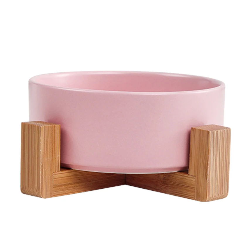 Easy Cleaning Luxury Ceramic Elevated Pet Bowl with Wood Stand One or Two Bowls Raised On Frame for Cat Food Feeder