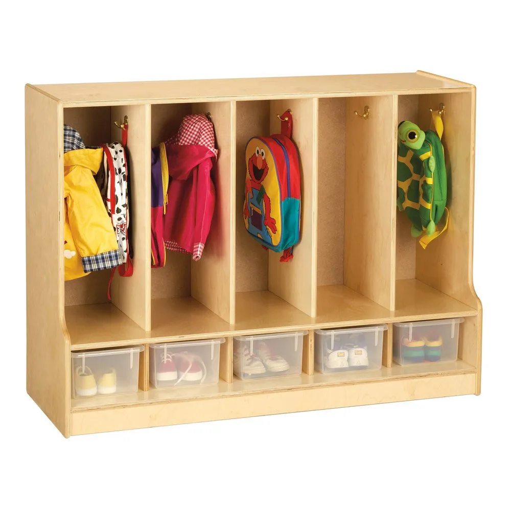 Customized Wood School Furniture For Toddlers Wood Coat 5 Section Locker With Clear Bins