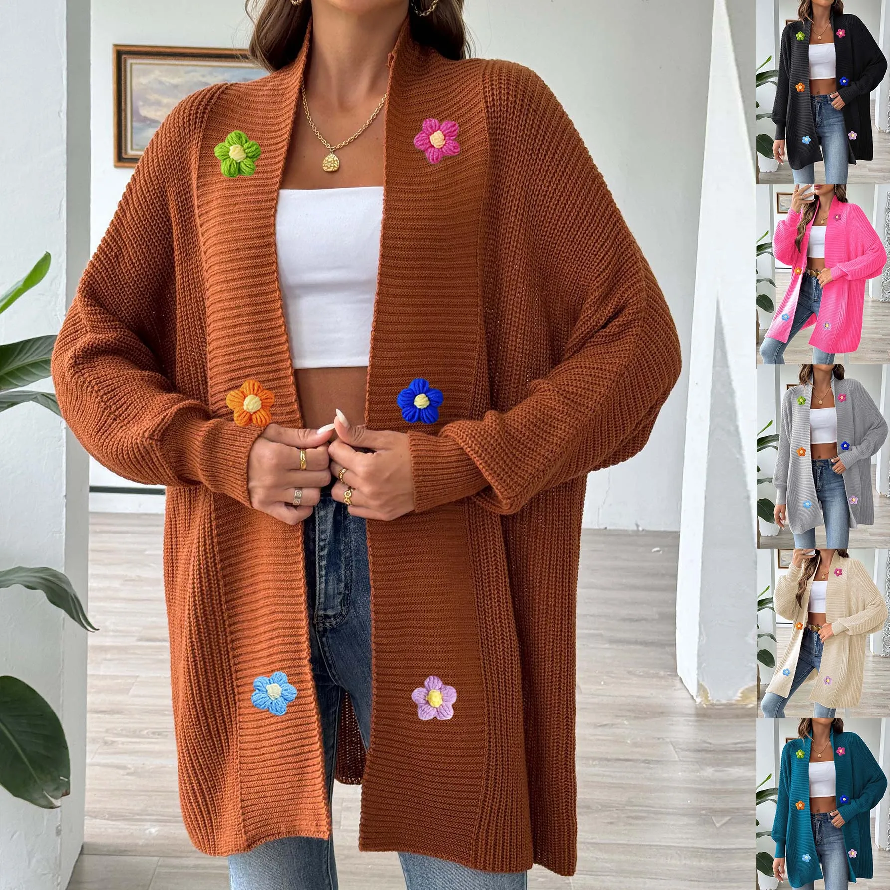 Factory custom Designer women Spring Fall fashion handmade crochet flowers sweet warm gentle casual knitted cardigan sweater