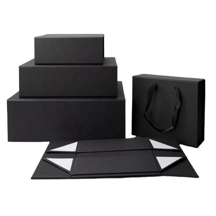 Wholesale recyclable custom Logo printing foldable black paper magnetic box gifts packaging