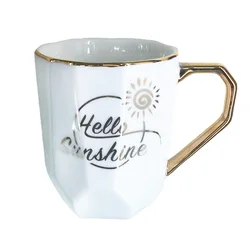 Custom printing gold logo WHITE ceramic mug coffee cup with LID,gold handle,gold top