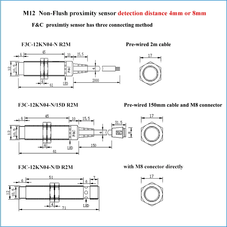 4mm M12 Metric thread non flush type inductive sensor DC 12-24V presence induction sensors