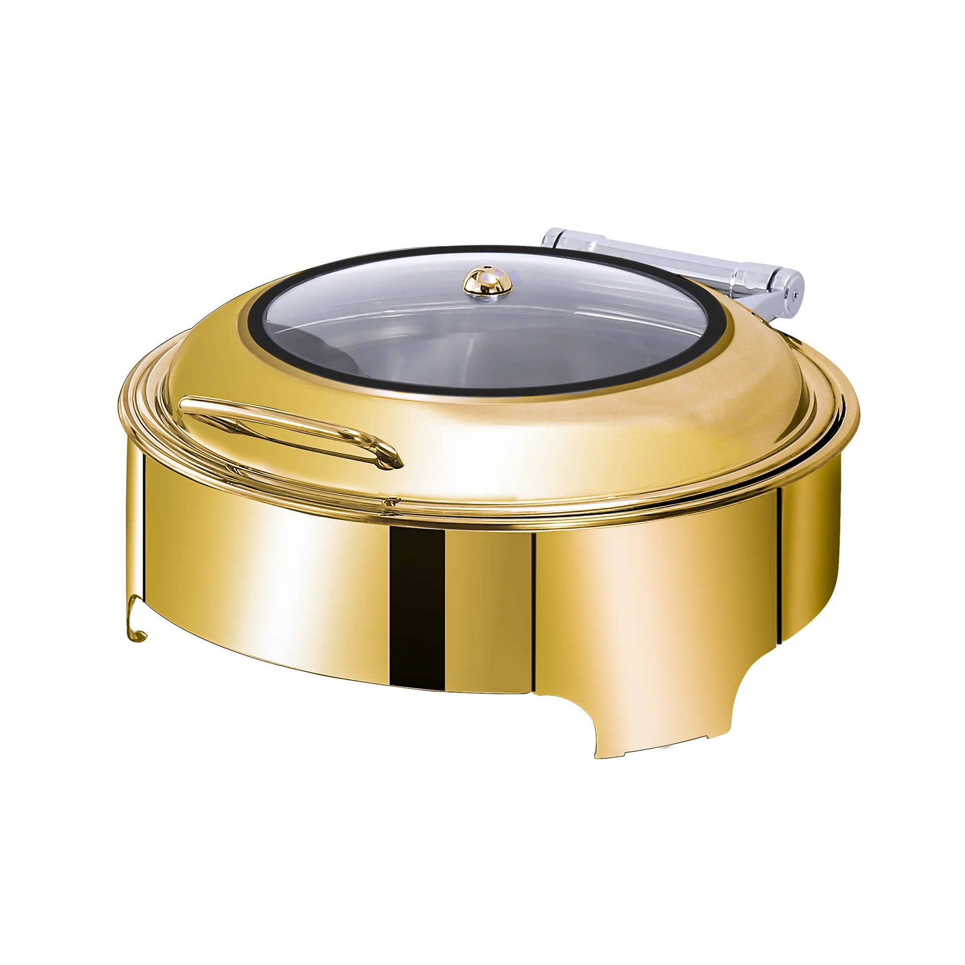 Luxury stainless steel silver and gold roll top 6.0L round chafing dish with window for banquet food warmers