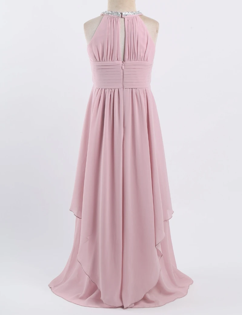 Kids Girls Chiffon Sleeveless O-Neck Sequined Halter Flower Girl Dress Princess Pageant Wedding Bridesmaid Birthday Party Dress