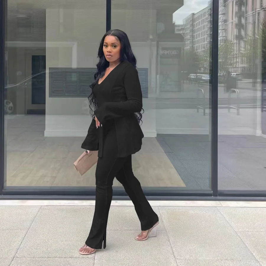 Custom Logo 2 Piece Set Fall Amazon Flared Sleeve Legging Pants T-Shirt Top Outfits Women V-Neck Suit Solid Color Two Piece Set