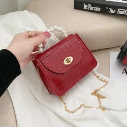 Cheap Wholesale Ladies Pearl Handle Bags Hand Bag PU Leather Women Small Chain Purse Handbag
