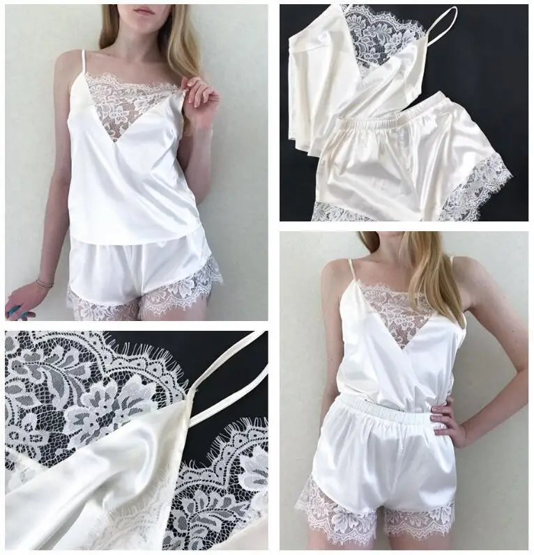 Womens Wear Sexy Ladies Night Wear Two Piece Set Silk Satin Short Pajamas Set for women