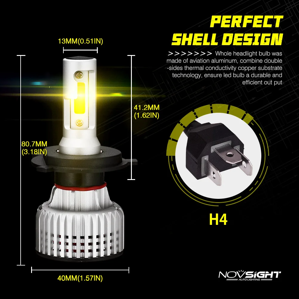 Novsight high power 3000k yellow dual color h4 COB car auto headlight bulb C6 10000LM 72W 9005 H7 H11 Led Headlight fog light