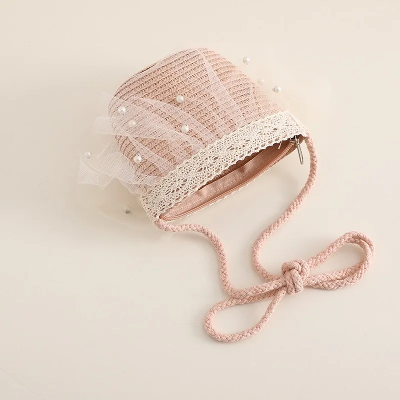 2022 wide brim Summer children new Beach Sun Hat Girl lace pearl Bucket Straw Hat and bag set beautiful outdoor travel hat kids