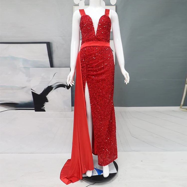 ZISE Luxury Vintage Red Dress Vestidos De Fiesta Noche Gala Rojos Chic Longue Fendue Robe Soiree Rouge Sequin Long