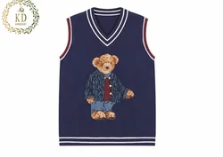 KD New Fashion Custom core yarn basic Fitted women Knitted Wool Bear college Vest  Design Sweater romper