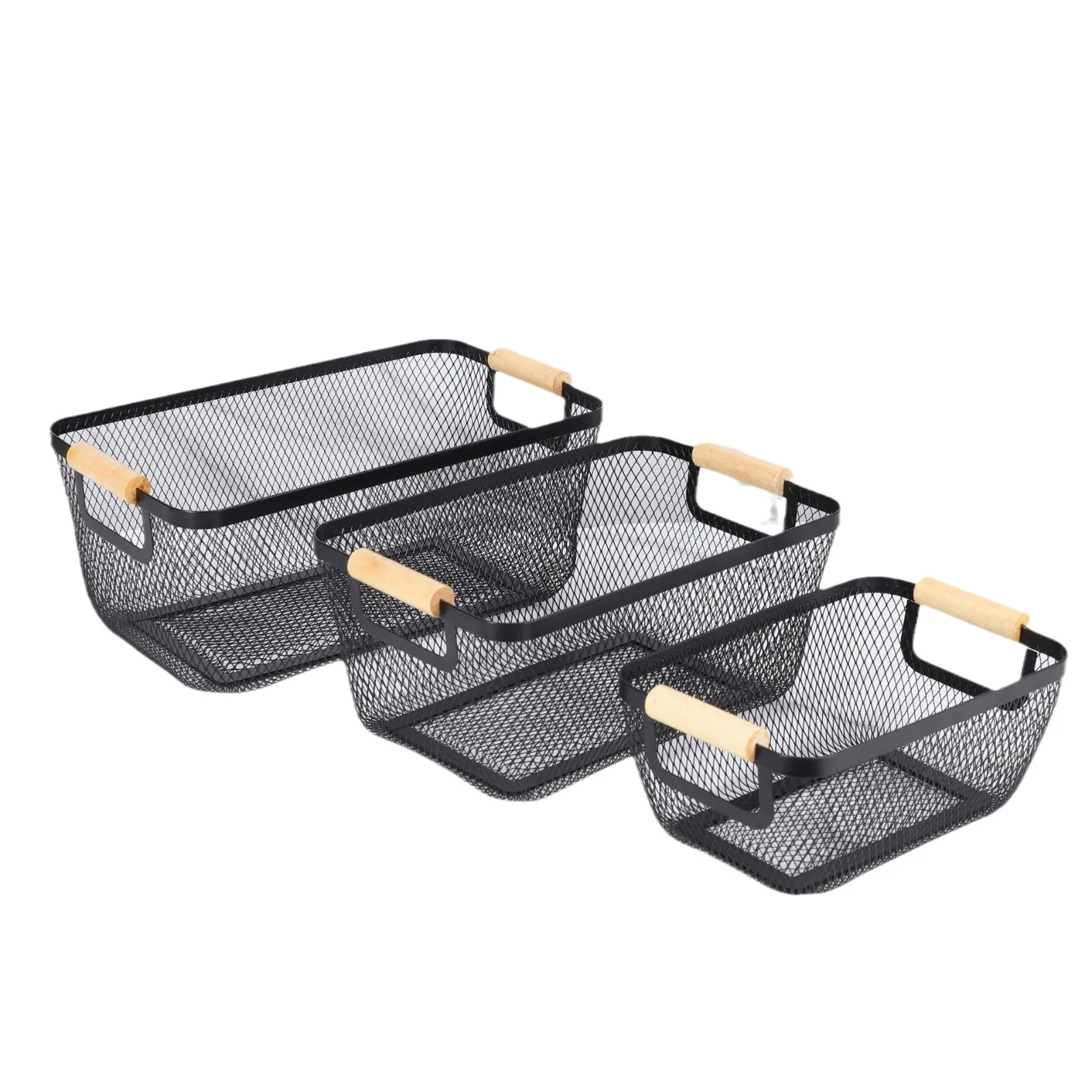 Portable Kitchen Storage Basket with Wooden Handle Metal Steel Wire Basket for Vegetables & Fruit for Desktop or Food Use