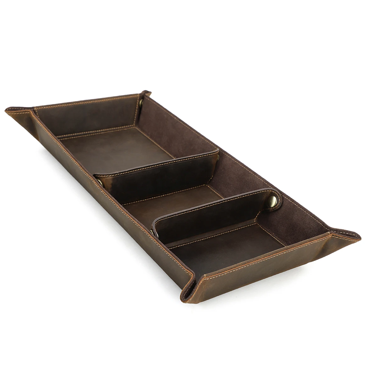 Long Partitioned Jewelry Tray Genuine Leather Snap Leather Travel Valet Tray Home Hotel Office Leather Decor Catch-All Tray