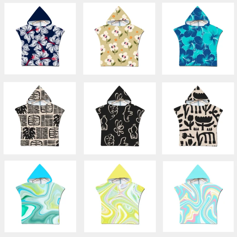 Kids  liquid water pattern Printed Quick Drying Microfiber Hooded Poncho Beach Towel