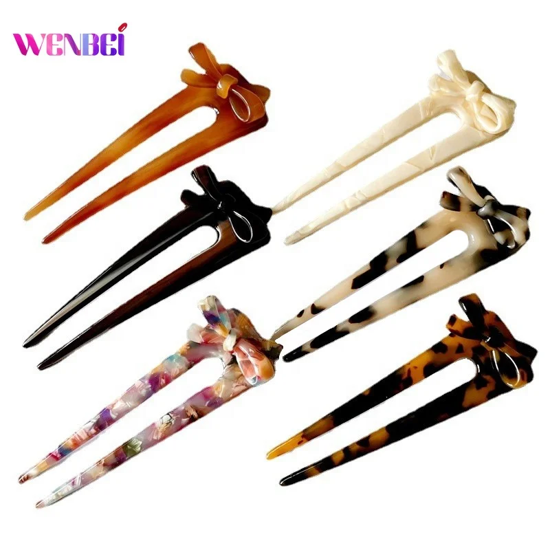Luxury 11CM Acetate Bow U-shaped Hair Sticks Hairpins Hair Chop Tortoiseshell Chinese Hairpin Stick