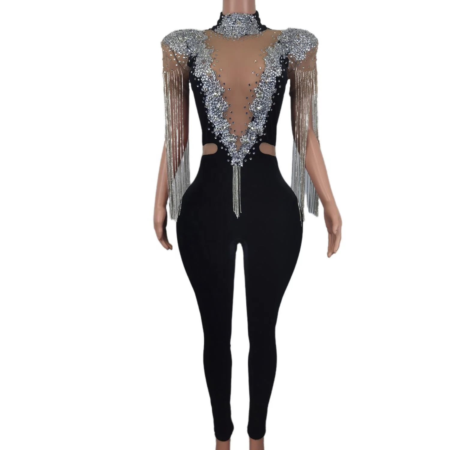 Sexy Boutique Clothing Velvet Bodycon Bodysuits Plus Size Party Club Ladies Rompers Women Tassel Rhinestone One Piece Jumpsuit