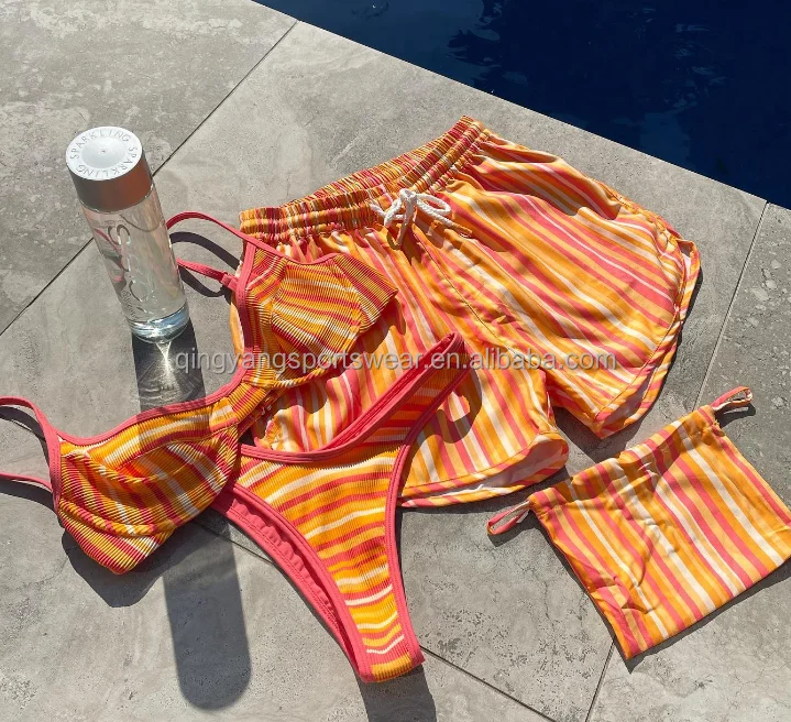 OEM design striped printing Soft Material swimwear fitness tie front swimsuit custom Men Short Trunks High Quality bikini 2023