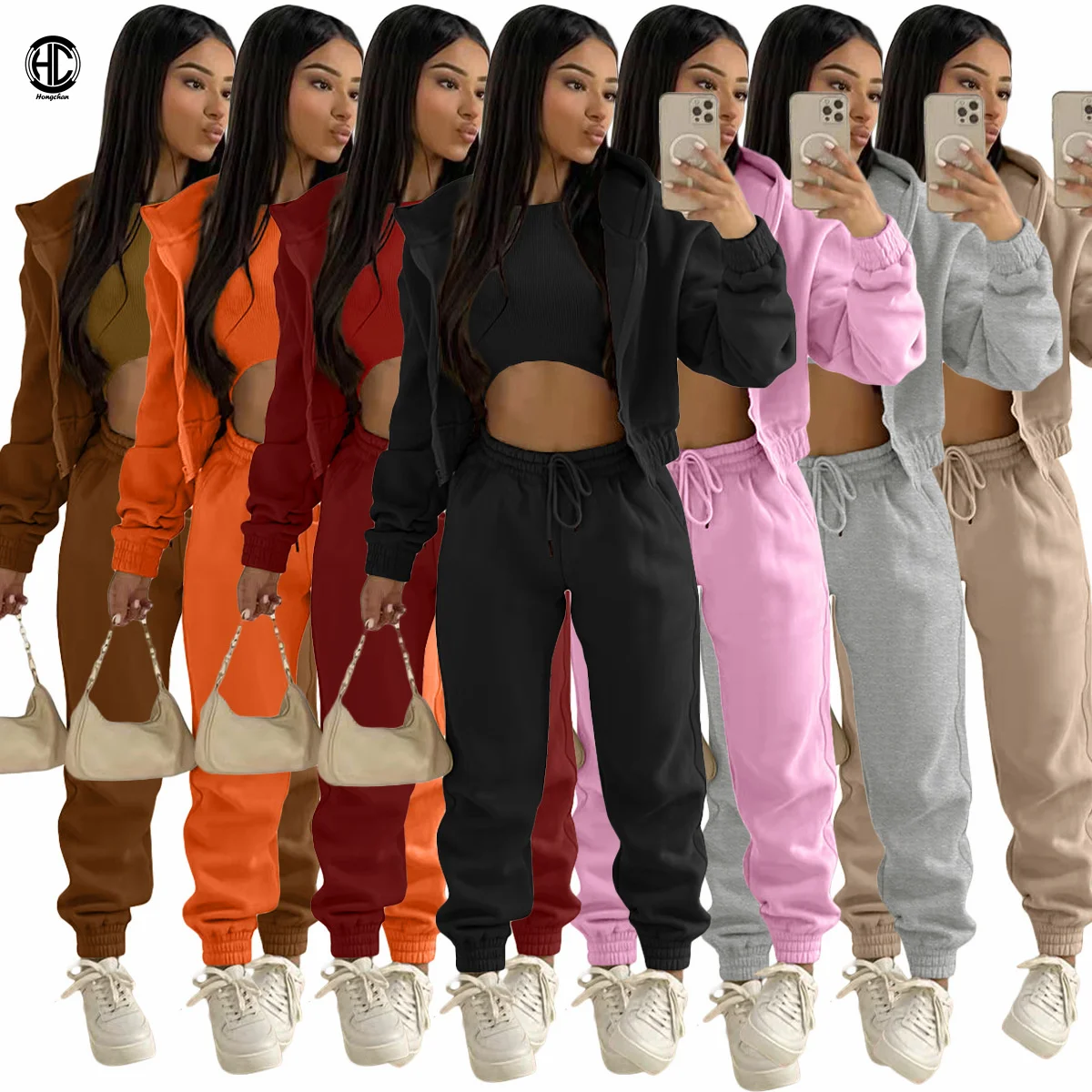 2022 Top Sale Custom Logo Thick Hooded Sweatsuit Solid Tracksuit Thread Vest With Hoodie Jacket 3 Piece Jogging Sets