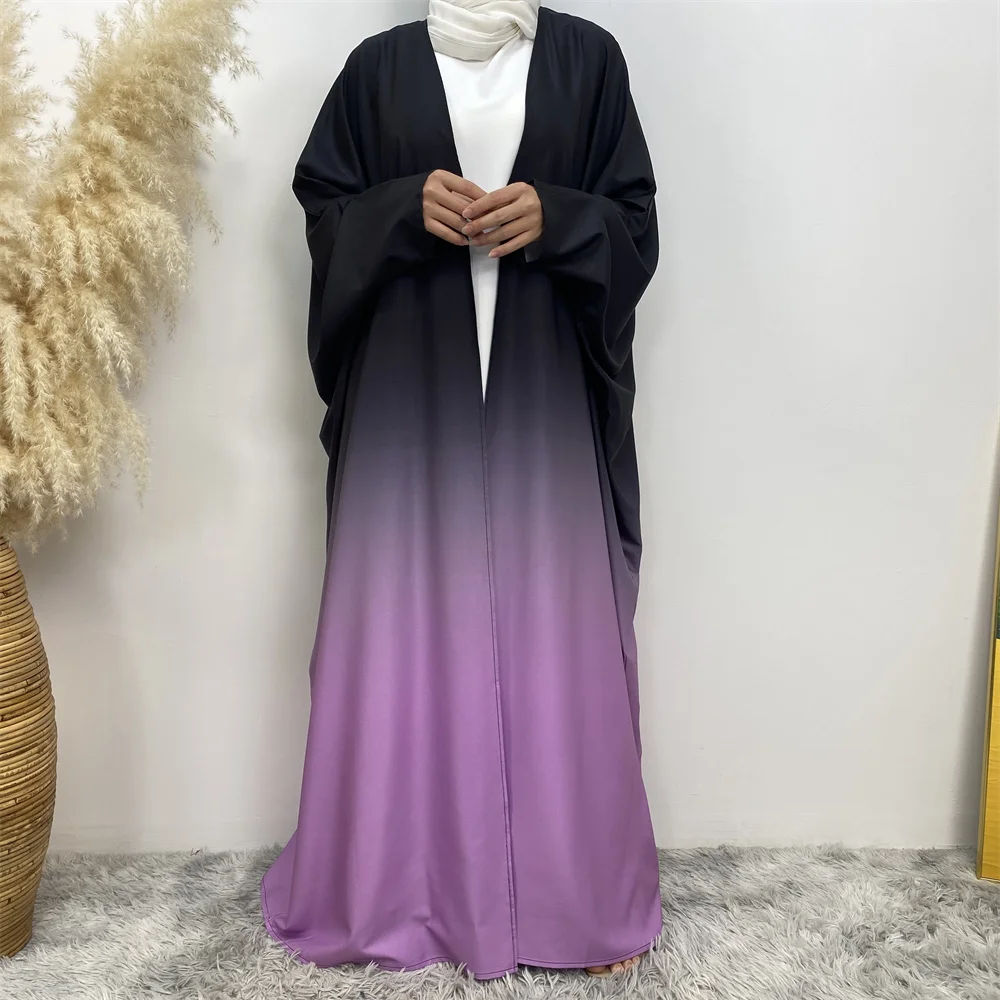 6750#B New Fashion Eid Open Abaya Muslim Polyester Abaya Batwing Sleeves Pretty Gradient Color Women Cardigan Rmanda Clothing
