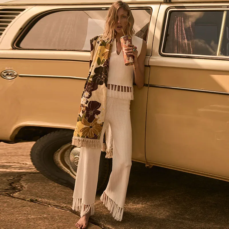 YT Women Cropped Knitted V-neck Cropped Top High-rise Wide-leg Tassel Pants Girls Sexy Two-piece Set Summer Dress Clothing Woman