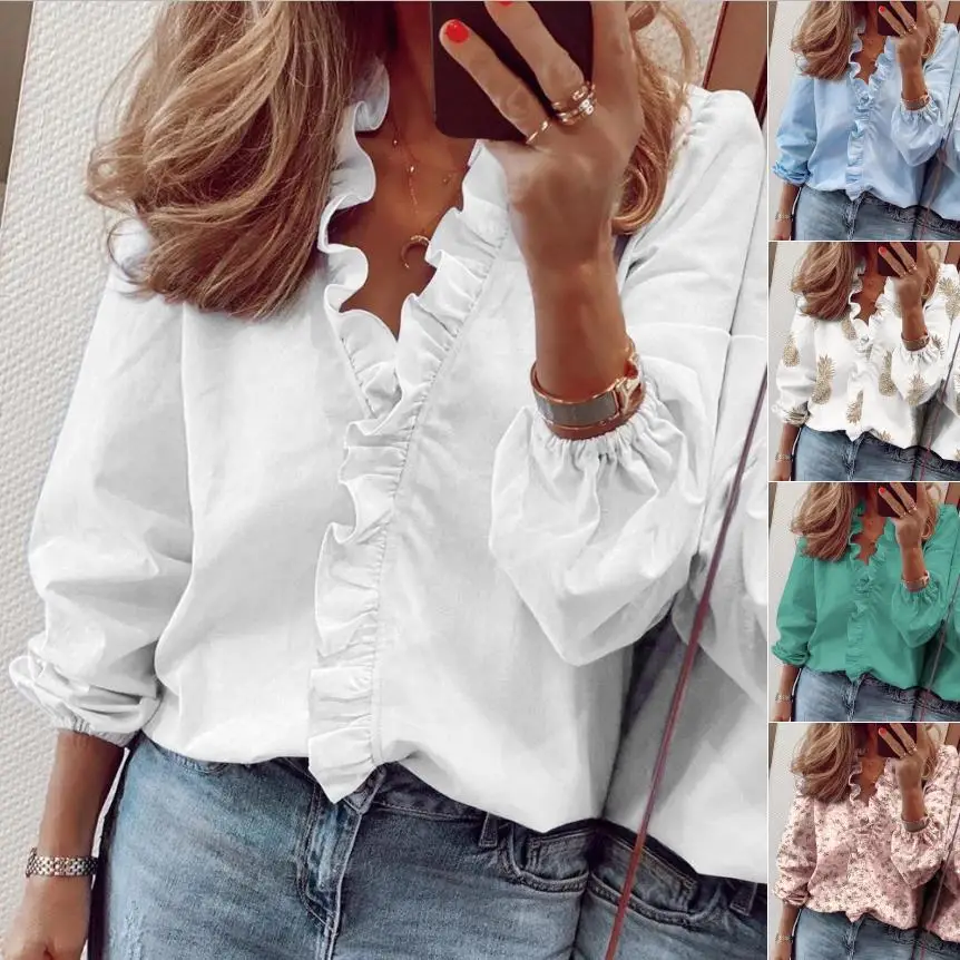 S-5XL Spring Summer Elegant Women Pullover V-neck Shirts Fashion New Ruffles Long Sleeve Tops Office Lady Vintage Blouse Shirt