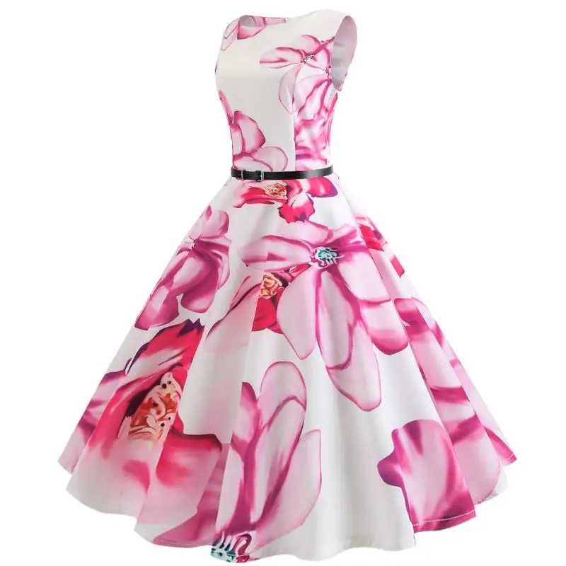 Midi Floral Dresses for Women Bandage Party Dress Hepburn Vintage Retro Robe Femme Sleeveless Swing Pin Up Dress Plus Size