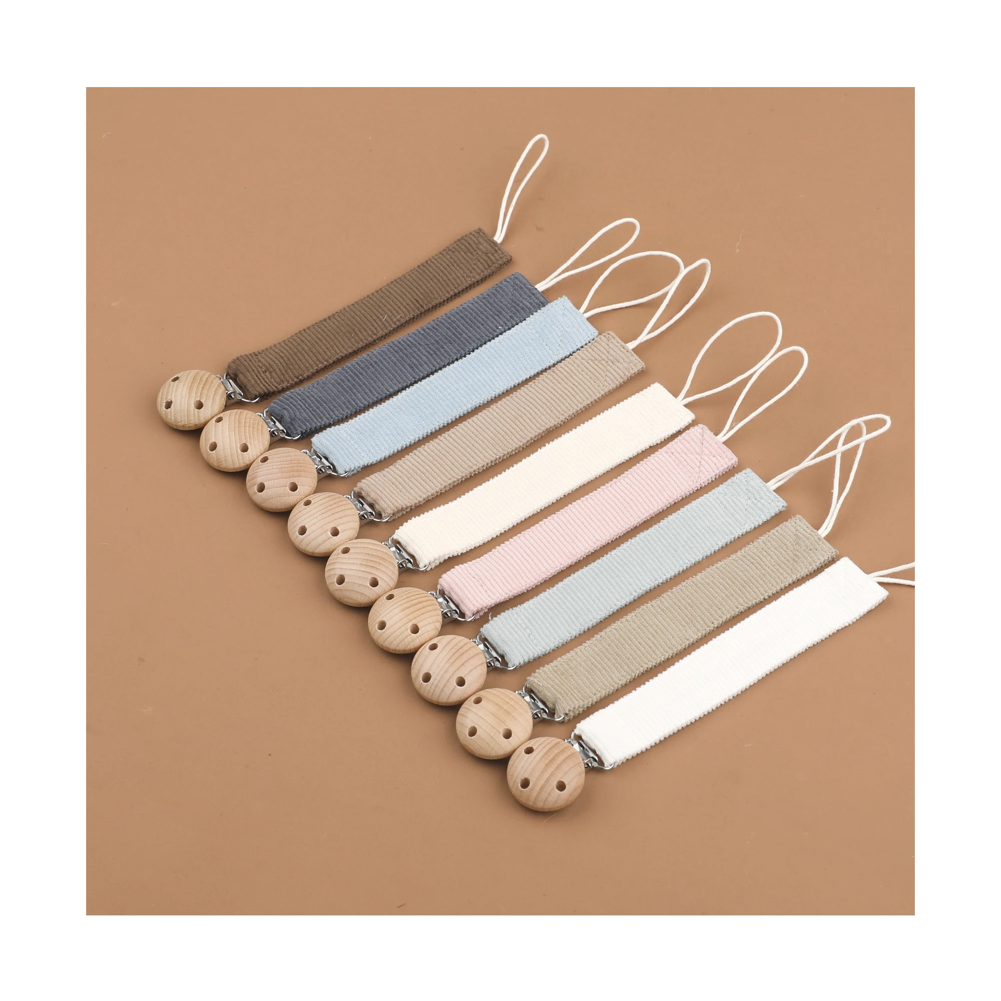 Wholesale custom baby wood clips feed 100% cotton baby fabric pacifier chain Dummy chain