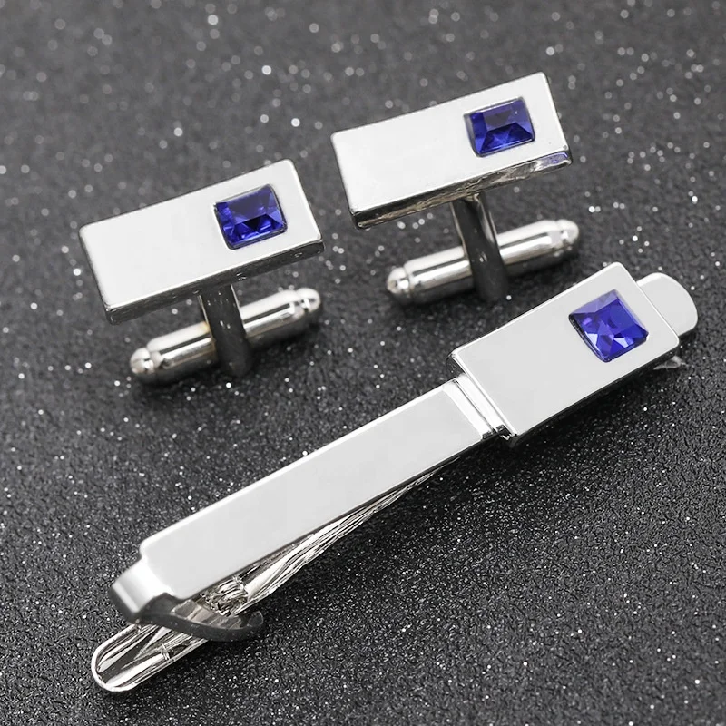 Cheap high quantity checked cuff links & tie clips alloy silver links designer mens tie clip cufflinks set for wedding