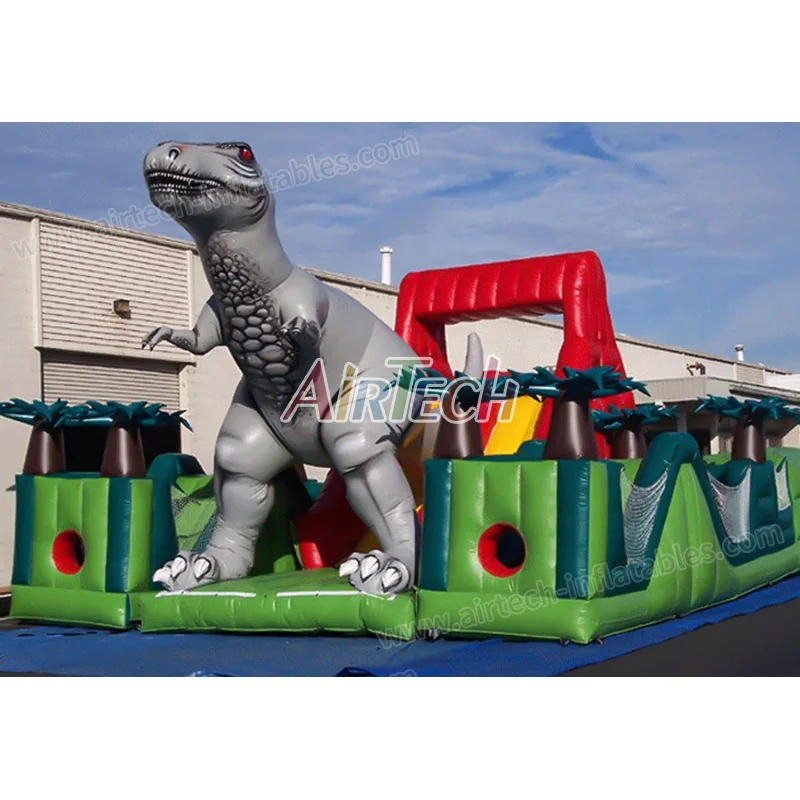 Blow up assault course inflatable 3 in 1 obstacle game outdoor inflatable dinosaur obstacle