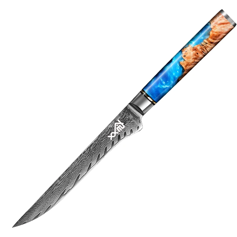 7 PCS Damascus Kitchen Knives Set 67 Layers Shadow Wood with Blue Resin Chef Knife SS316 SS410 100Cr15CoMov  HRC 60+-/2