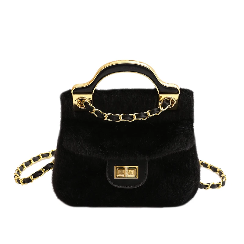 sac de marque Cosmetic Hand Bags New style fur soft ladies purse chains and lock metal decorate shoulder bag Faux Fur Handbags