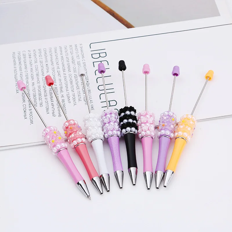 Wholesale Rose Design Acrylic Ballpoint Pen Hand-Beaded with Pearl Rhinestone and Plastic Beads