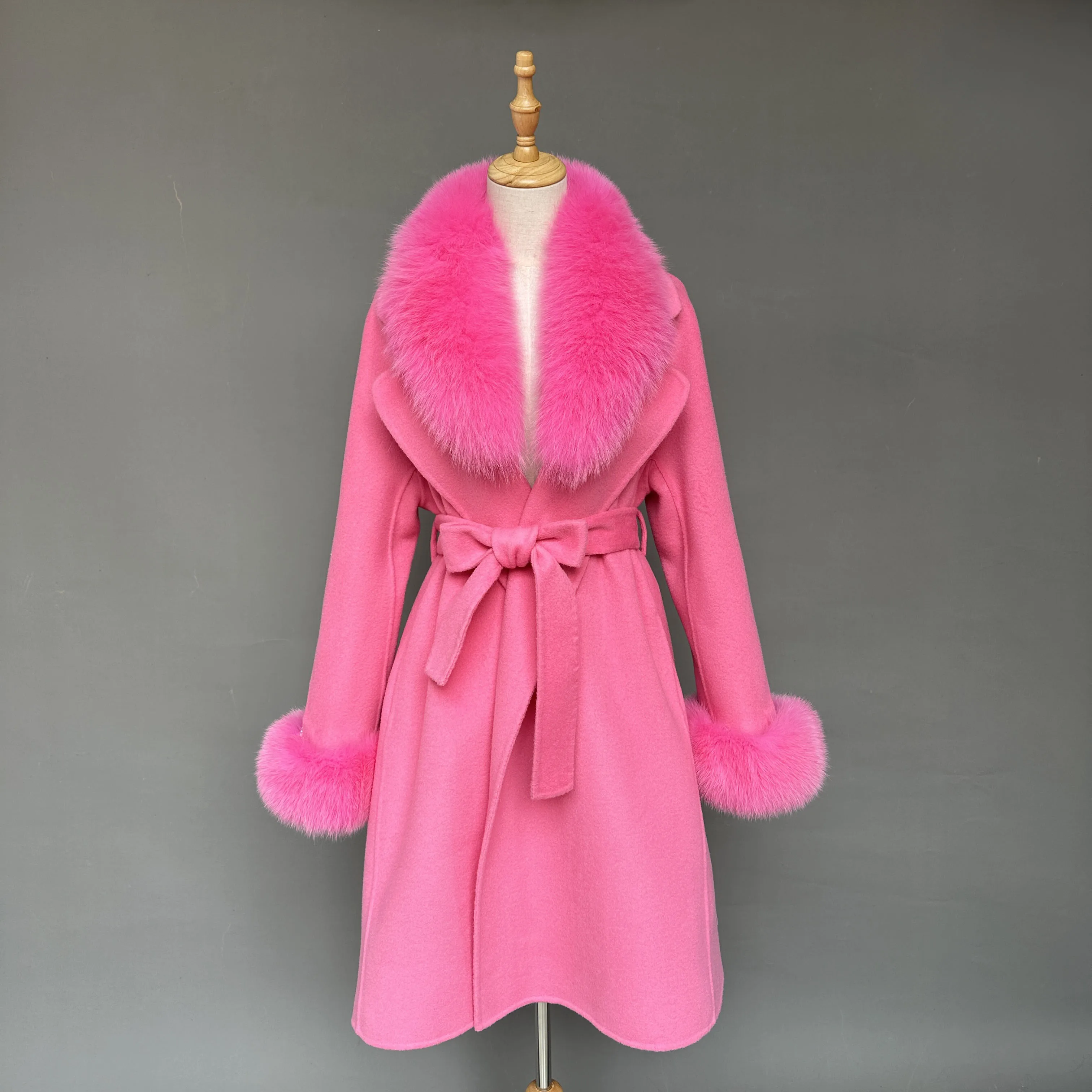 Luxury Cashmere Wool Long Coat With Real Fox Fur Collar Women Double Faced Woolen Overcoat Winter Autumn Fur Jacket